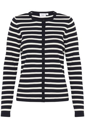 Cardigan a righe blu navy e bianche con scollatura tonda, maniche lunghe e chiusura con bottoni sul davanti. Realizzato in morbido tessuto a maglia.