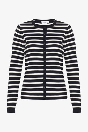 Tumesinine ja valgete triipudega kardigan, millel on ümmargune kaelus, pikad varrukad ja nööbid esiosas. Valmistatud pehmest kudumiskangast.