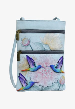 Blauwe leren schoudertas met bloemen- en kolibridesigns. Voorzien van twee met rits afgesloten compartimenten en een gestructureerd oppervlak.