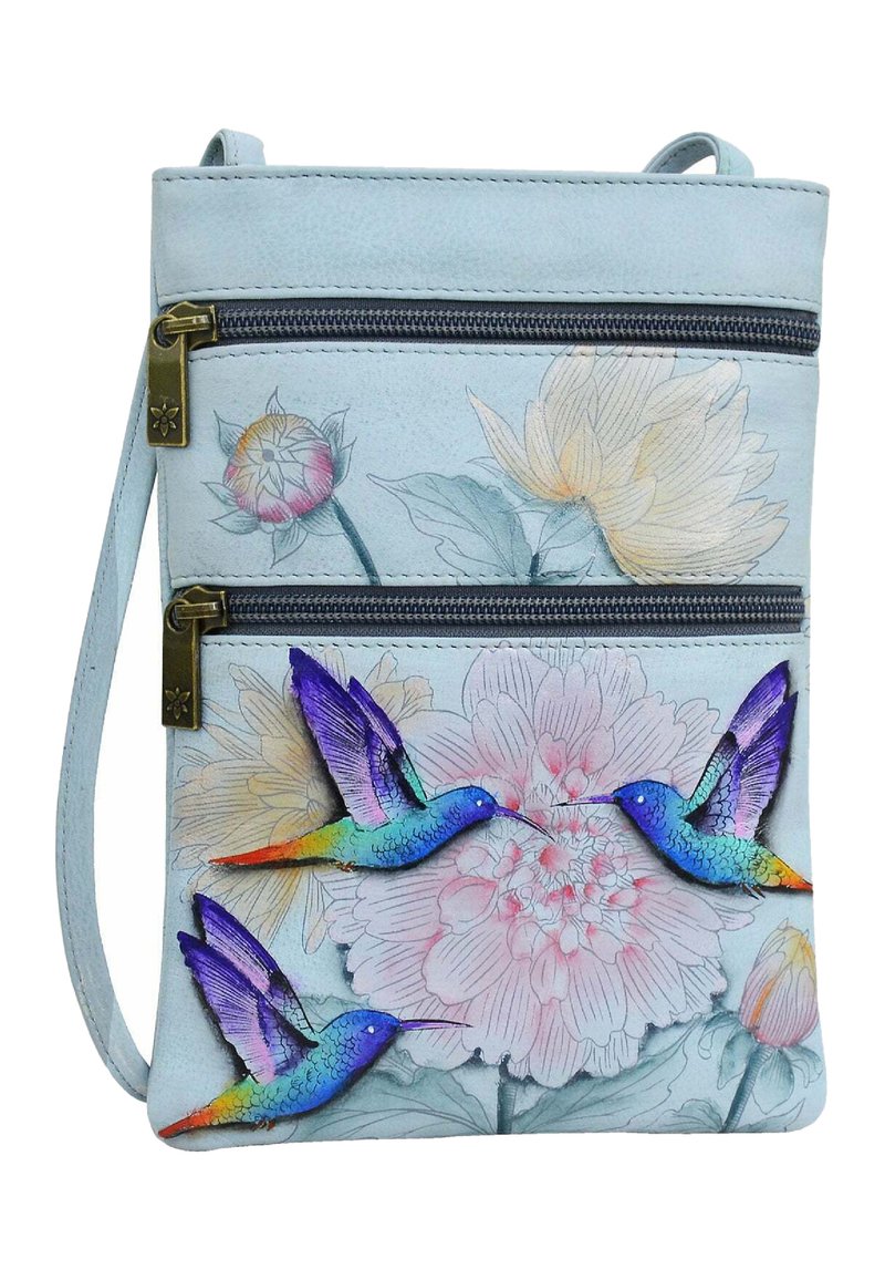 Blauwe leren schoudertas met bloemen- en kolibridesigns. Voorzien van twee met rits afgesloten compartimenten en een gestructureerd oppervlak.