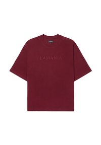 Burgundi spalvos trumpų rankovių marškinėliai iš medvilnės, su apvaliu kaklu ir iškilmingu "LAMANIA" logotipu ant priekio. Paprasta, laisva silueto forma.