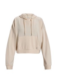 Cropped hoodie in light beige, made of soft material. Features a front pocket, drawstring hood, and ribbed cuffs. Subtle logo detail.