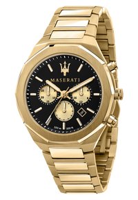 Orologio in acciaio inossidabile dorato con cassa ottagonale, quadrante nero, tre sottocronografi dorati e display della data; bracciale a maglia con accentuazioni lucide.