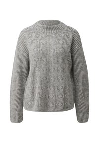 Grauer Strickpullover mit strukturiertem Zopfmuster, weiten Ärmeln und rundem Ausschnitt. Hergestellt aus weichen Materialien mit dezentem Glanz.