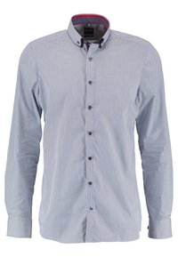 Pruhovaná košile s dlouhým rukávem v modro-bílé barvě, zapínání na knoflíky vpředu, kontrastní vnitřní límec a manžety s drobnými vzory, standardní střih.
