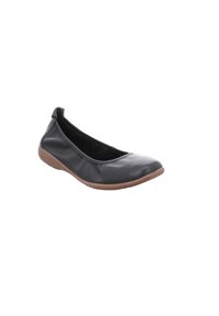Ballet flat nera in pelle con punta arrotondata, suola in gomma marrone flessibile, texture liscia e delicate arricciature sui lati.