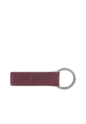 Dark red rectangular leather keychain with stitched edges and a metal ring attached on the right side.