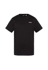 Czarny bawełniany t-shirt z krótkim rękawem, okrągłym dekoltem i małym białym i czerwonym logo "Schott" po lewej stronie klatki piersiowej.
