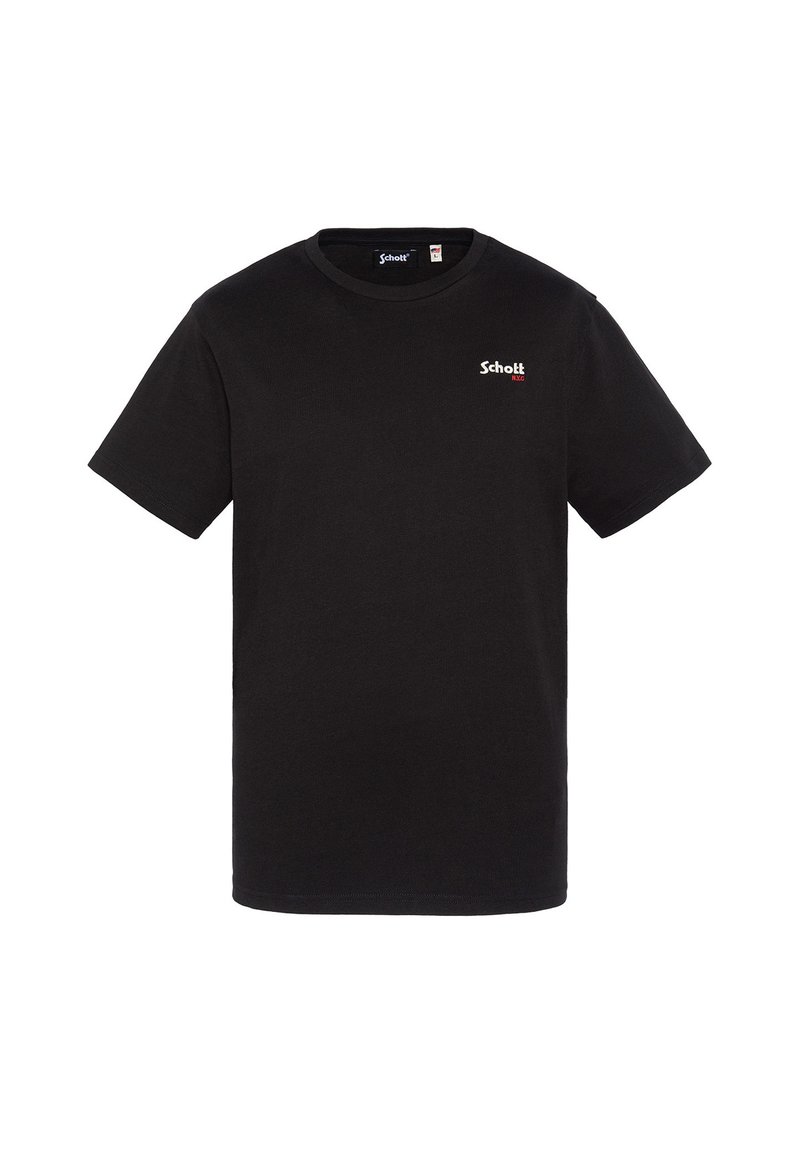 Czarny bawełniany t-shirt z krótkim rękawem, okrągłym dekoltem i małym białym i czerwonym logo "Schott" po lewej stronie klatki piersiowej.