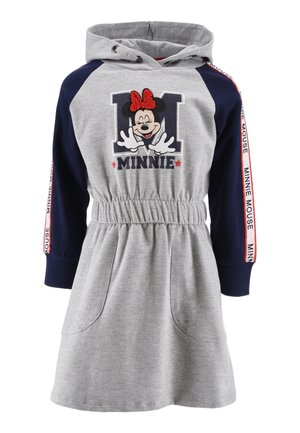 Robe à capuche avec un corps gris et des manches raglan bleu marine. Présente un graphique de Minnie Mouse, une taille élastique et des poches latérales.