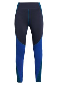 Leggings blu e navy realizzati in tessuto elasticizzato, con cintura alta e design a blocchi di colore con pannelli curvi e accenti.