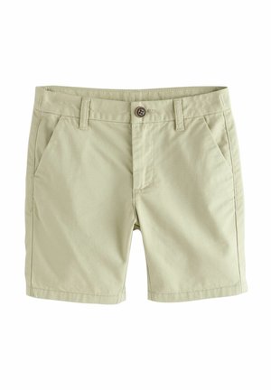 Beige cotton shorts with two side pockets, a button closure, and a smooth texture. Straight cut and no visible patterns or designs.