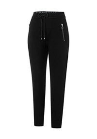 Pantalones negros con cinturilla elástica, cordón y bolsillos con cremallera; diseño ajustado, confeccionados en una tela suave.