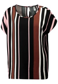 Top a maniche corte con strisce verticali in marrone, nero, bianco e rosa. Include un dettaglio a chiusura a occhio di bue sul retro. Realizzato in tessuto morbido.