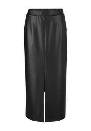 Zwarte faux leren kokerrok met een hoge tailleband, knie-lange snit en een voorkleurscheur voor meer bewegingsgemak. Glad textuur over het hele oppervlak.