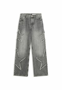 Gray denim jeans with a relaxed fit, featuring six large star cutouts outlined in frayed edges. Classic five-pocket design and button closure.