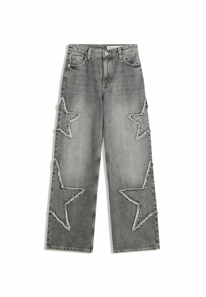 Gray denim jeans with a relaxed fit, featuring six large star cutouts outlined in frayed edges. Classic five-pocket design and button closure.