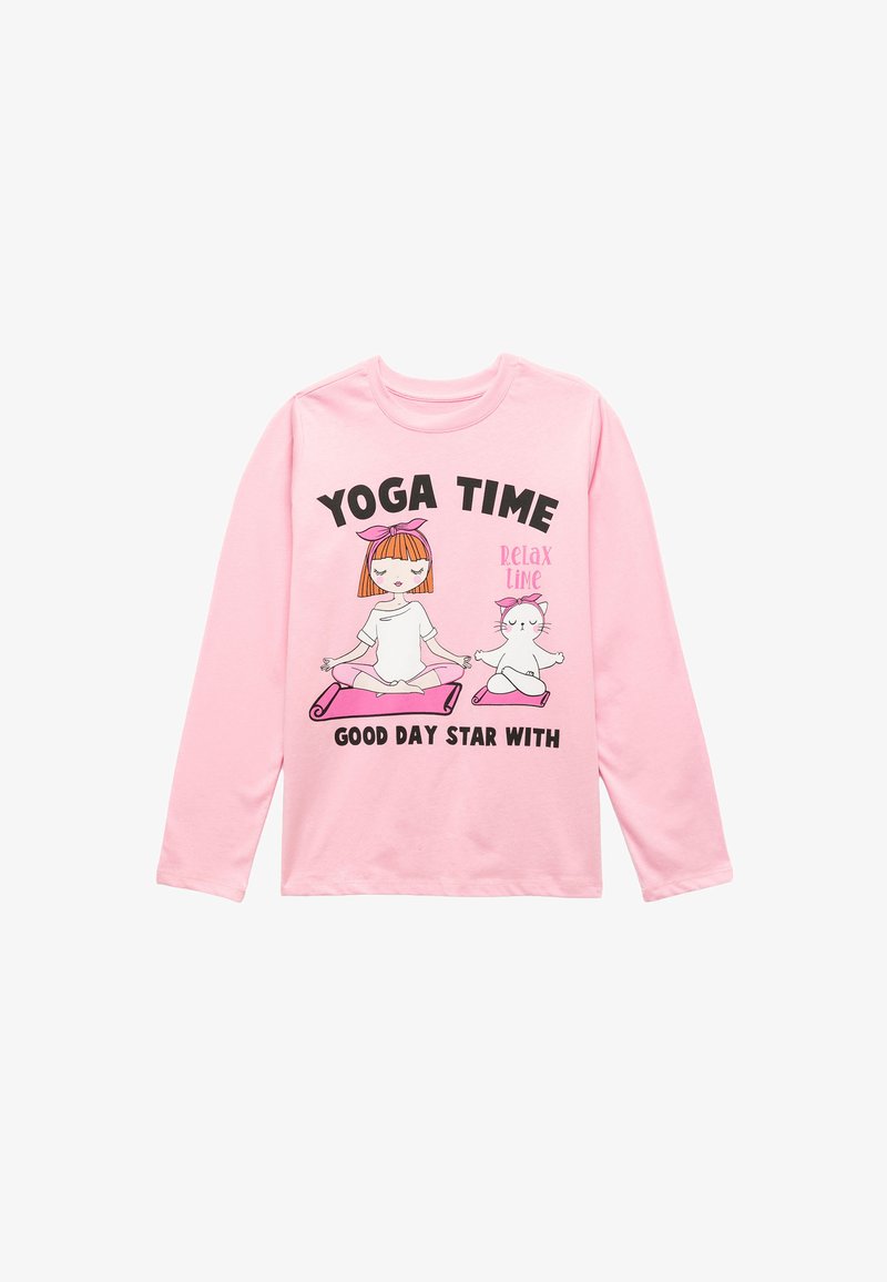 Pink long-sleeve shirt featuring a graphic of a girl and a cat practicing yoga, with text saying "YOGA TIME" and "GOOD DAY STAR WITH."