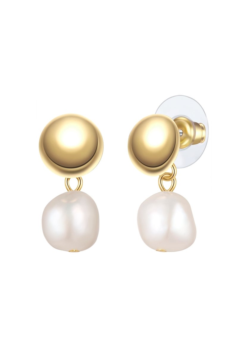 Goldfarbene Ohrringe mit einer glatten, abgerundeten Oberseite und einer hängenden weißen barocken Perle. Klare Silikonrückseite für einen sicheren Sitz.