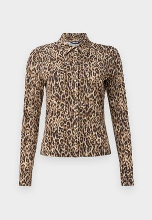 Leopardenmuster-Hemd mit langen Ärmeln, Knopfleiste, Kragen und taillierter Passform. Hergestellt aus glattem, leichtem Stoff in Beige und Schwarz.