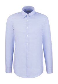 Niebiesko-biała koszula w długim rękawie w kratę, wykonana z bawełnianej tkaniny, klasyczny kołnierzyk, zapięcie na guziki z przodu, zaokrąglony dół, kontrastowe guziki.