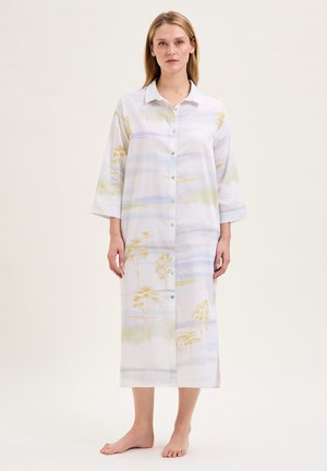 Abito camicia in tessuto leggero, caratterizzato da un motivo floreale ad acquerello in morbidi pastelli di verde, giallo e blu. Maniche lunghe, lunghezza fino al ginocchio.