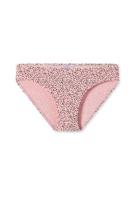 Rosa gemusterte Bikini-Hose mit einem gesprenkelten Design in Schwarz, weicher Textur und tiefem Schnitt. Keine sichtbaren Elemente oder Akzente.
