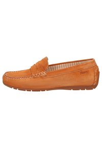 Orange Wildleder-Lederschuhe mit einem gestickten Design, runder Spitze und Gummisohle mit strukturiertem Oberflächenfinish. Das Innere hat ein gestreiftes Muster.