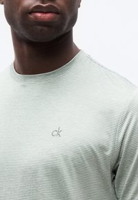 Κοντινό πλάνο ενός ατόμου που φοράει ένα ανοιχτοπράσινο, λεπτογραμμωτό μπλουζάκι με μικρό κεντημένο λογότυπο "ck" στο στήθος.