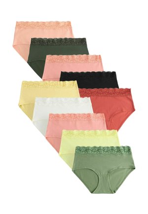 Neun Baumwollslips für Damen in verschiedenen Farben, jeweils mit einem Spitzenbund, in einer gestaffelten, überlappenden Anordnung.