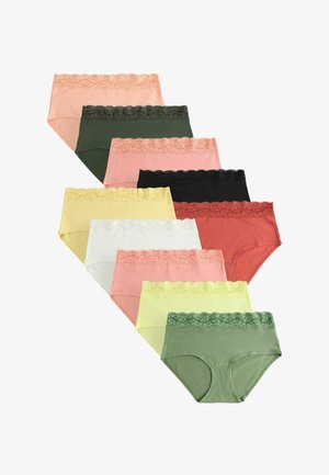 Neun Baumwollslips für Damen in verschiedenen Farben, jeweils mit einem Spitzenbund, in einer gestaffelten, überlappenden Anordnung.