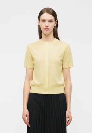 Žena oblečená v bledozelenej krátkym rukávom zapínanom svetri v kombinácii s čiernou plisovanou sukňou, obrátená čelom k jednoliatemu pozadiu.