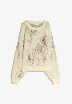 Krémový chlpatý sveter so svetlohnedými a béžovými abstraktnými škvrnami, okrúhlym výstrihom, dlhými rukávmi a rebrovanými manžetami a lemom.