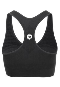 Sportivo nero con design a schiena scoperta, caratterizzato da pannelli in rete, tessuto strutturato e dettaglio del logo. Seta morbida e fascia larga sul fondo.