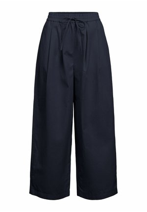 Pantaloni blu navy a gamba larga con vita elastica e fiocco frontale, realizzati in tessuto leggero, adatti per un uso casual.