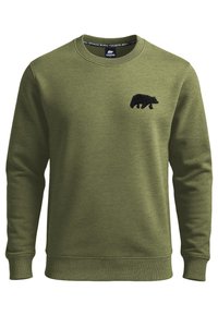 Olijfgroene sweatshirt met een ronde halslijn, ribgebreide manchetten en onderrand, met een klein zwart berenembleem op de borst. Van katoen.
