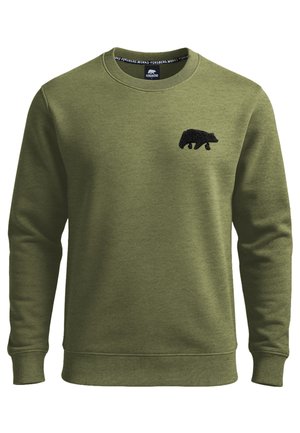 Sudadera verde oliva con cuello redondo, puños y dobladillo de canalé, que presenta un pequeño emblema de un oso negro en el pecho. Material de algodón.