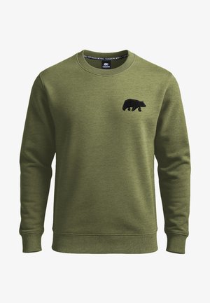 Felpa verde oliva con scollatura tonda, polsini e orlo a costine, caratterizzata da un piccolo emblema di un orso nero sul petto. Materiale in cotone.