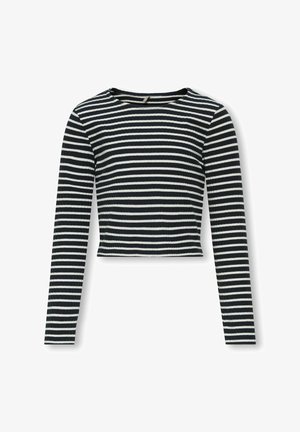 Zwart-witte gestreepte cropped longsleeve shirt met een ronde halslijn, geribbelde textuur en een getailleerd ontwerp.