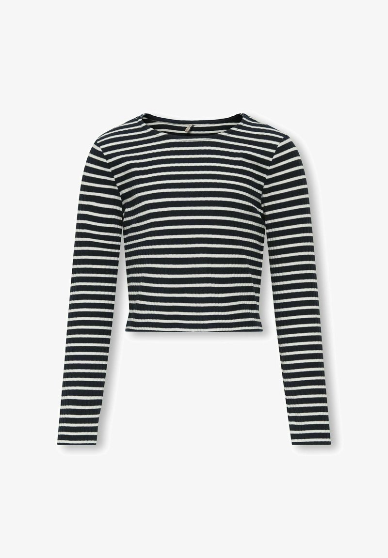 Zwart-witte gestreepte cropped longsleeve shirt met een ronde halslijn, geribbelde textuur en een getailleerd ontwerp.