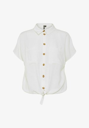 Balta īsām piedurknēm krekls vieglā audumā, ar pogājamu priekšpusi, divām krūšu kabatām un mezgla detaļu ap apakšu.