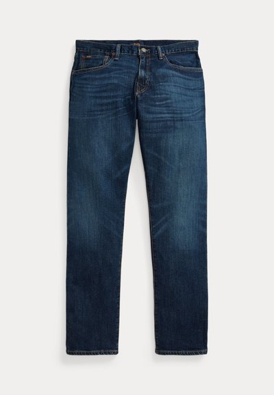 Dark blue denim jeans with slight fading on thighs and pockets, button and zip closure, and five-pocket design laid flat on white background.
