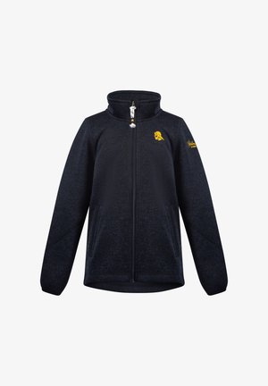 Dunkelblaue Fleecejacke mit hohem Kragen, Frontreißverschluss, zwei seitlichen Taschen und einem gelben Logodetail auf der Brust. Weicher Stoff.
