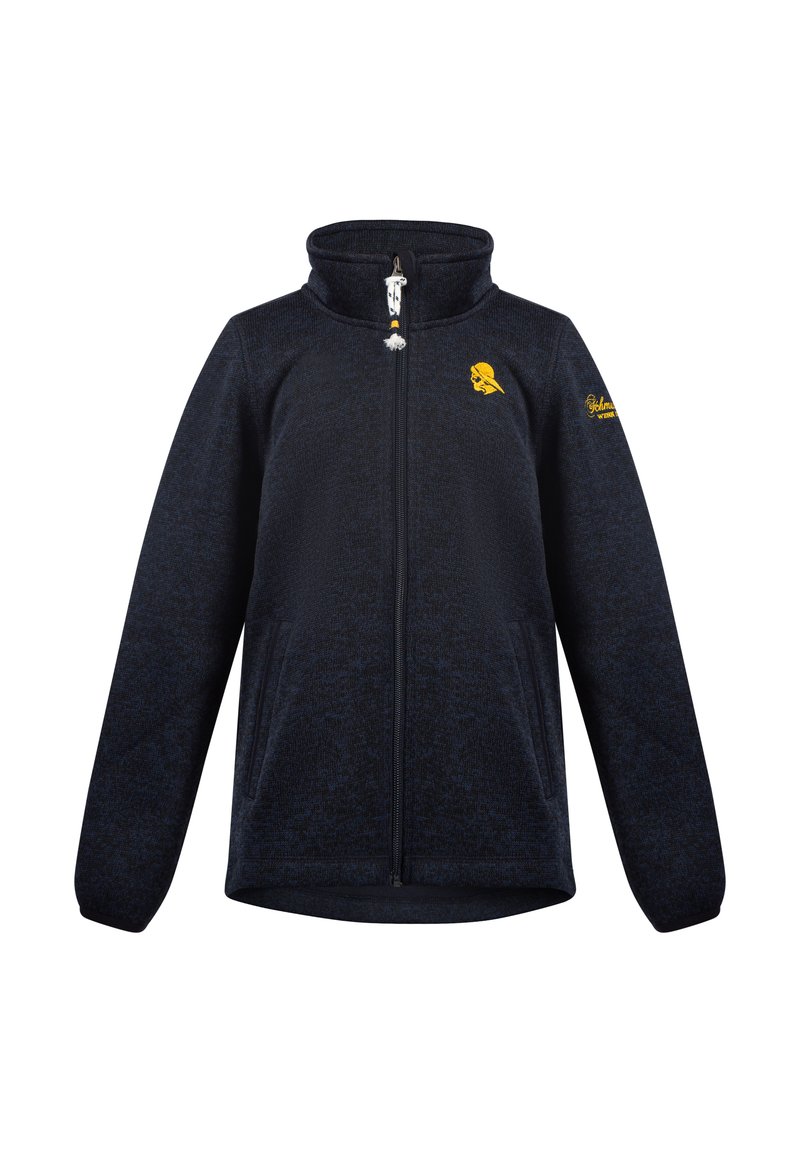 Tamsiai mėlynos spalvos flisinė striukė su aukštu apykakle, priekiniais užtrauktukais, dviem šoninėmis kišenėmis ir geltonos spalvos logotipu krūtinėje. Minkšta tekstūra.