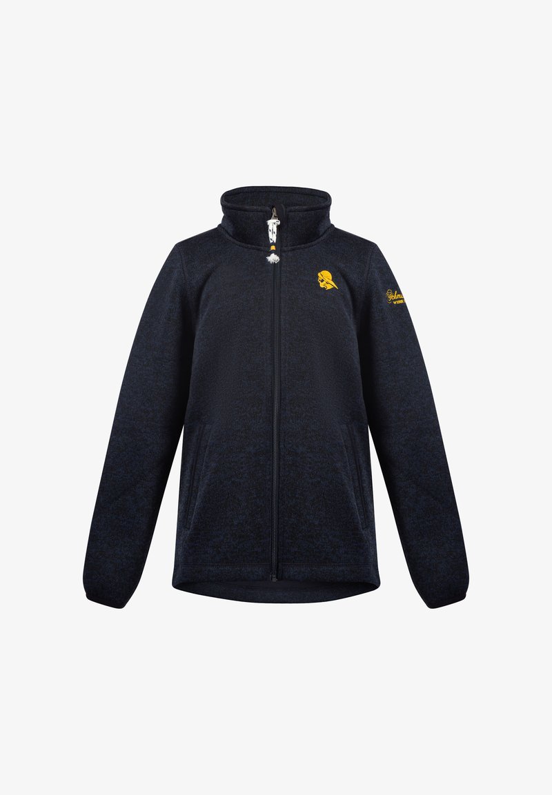 Tamsiai mėlynos spalvos flisinė striukė su aukštu apykakle, priekiniais užtrauktukais, dviem šoninėmis kišenėmis ir geltonos spalvos logotipu krūtinėje. Minkšta tekstūra.