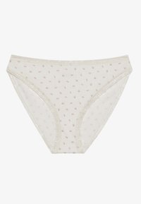 Women's beige cotton panties with small floral print, lace trim, and a classic brief shape. Soft texture and elastic waistband.