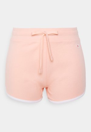 Shorts de algodón color rosa claro con cintura elástica y cordón, con ribete blanco en el dobladillo y un pequeño logo en el lateral.