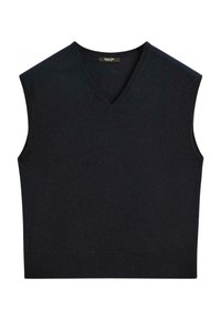 Navy blue sleeveless sweater with a V-neck design, soft texture, and ribbed edges, made from a fine knit fabric.