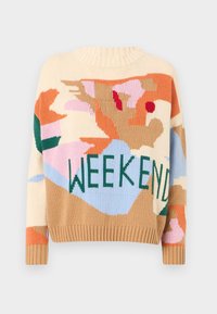 Sweter dziany z okrągłym dekoltem, zdobiony kolorowym abstrakcyjnym wzorem w beżu, różu, pomarańczu, zieleni i niebieskim oraz napisem "WEEKEND".