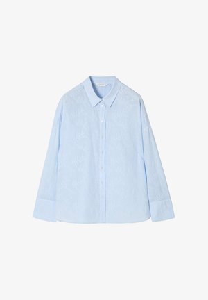 Camicia button-up blu chiaro in cotone, con un motivo floreale in rilievo, maniche lunghe e colletto classico.